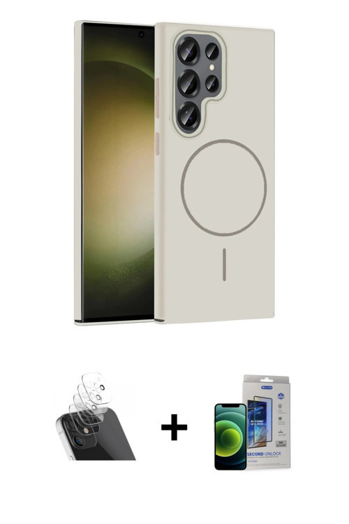 ieg™ Galaxy S23 Ultra Kılıf Siluet Doku Özel Seri - Siyah Durable Full Glue Curved Cam + Şeffaf Kame
