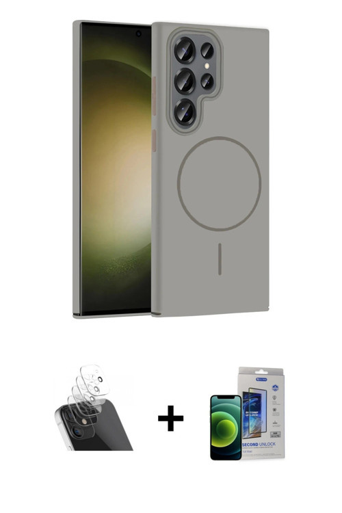 ieg™ Galaxy S23 Ultra Kılıf Siluet Doku Özel Seri - Siyah Durable Full Glue Curved Cam + Şeffaf Kame