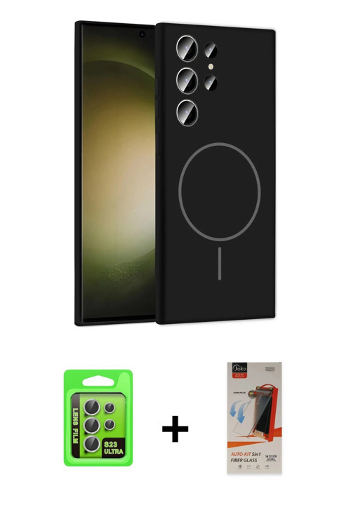ieg™ Galaxy S23 Ultra Kılıf Yankı Form Serisi - Siyah AutoKit 5in1 Fiber Hayalet Cam Ekran Koruyucu
