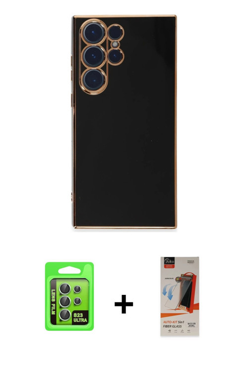 ieg™ Galaxy S23 Ultra Kılıf Yankı Serisi - Siyah AutoKit 5in1 Fiber Hayalet Cam Ekran Koruyucu + Yeş