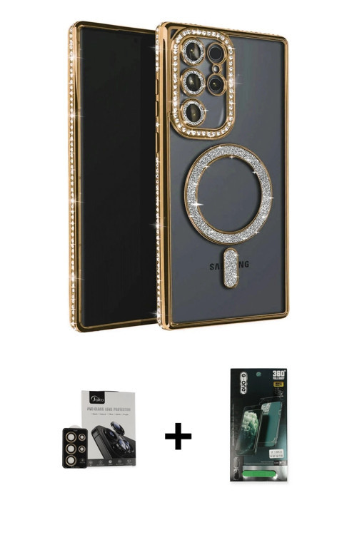 ieg™ Galaxy S23 Ultra Kılıf Zirve Doku Prime - Siyah 360 Mat Full Body Arka Koruyucu + Gold PVD Meta