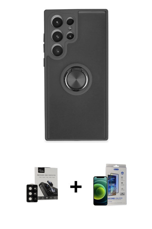 ieg™ Galaxy S23 Ultra Kılıf Yörünge Çizgi - Siyah Durable Full Glue Curved Cam + Siyah PVD Metal Kam