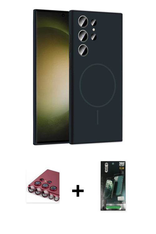 ieg™ Galaxy S23 Ultra Kılıf Yankı Form Serisi - Siyah 360 Mat Full Body Arka Koruyucu + Kırmızı Vald