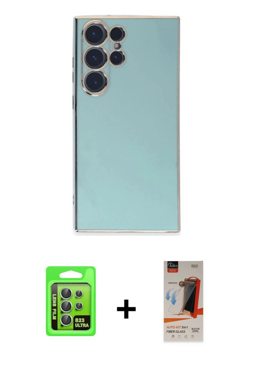 ieg™ Galaxy S23 Ultra Kılıf Yankı Serisi - Siyah AutoKit 5in1 Fiber Hayalet Cam Ekran Koruyucu + Yeş