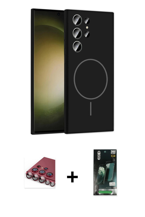 ieg™ Galaxy S23 Ultra Kılıf Yankı Form Serisi - Siyah 360 Mat Full Body Arka Koruyucu + Kırmızı Vald