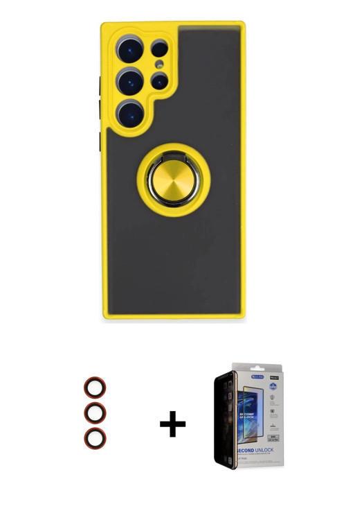 ieg™ Galaxy S23 Ultra Kılıf Yörünge Çizgi - Siyah Durable Full Glue Curved Hayalet Cam + Kırmızı Met