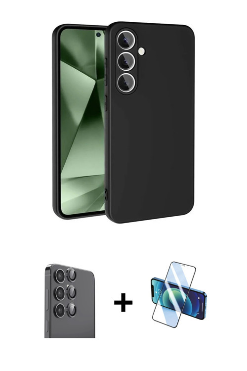ieg™ Galaxy S24 FE Kılıf Ahenk Serisi - Siyah 3D Antistatik Cam Ekran Koruyucu + Siyah Raze Metal Ka