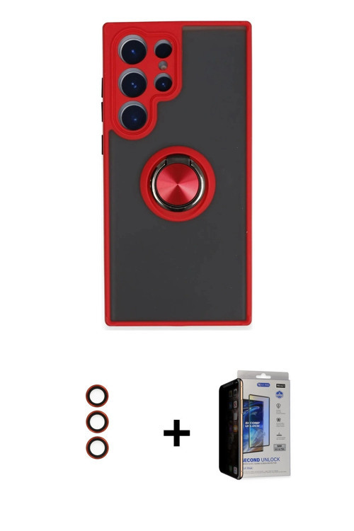 ieg™ Galaxy S23 Ultra Kılıf Yörünge Çizgi - Siyah Durable Full Glue Curved Hayalet Cam + Kırmızı Met