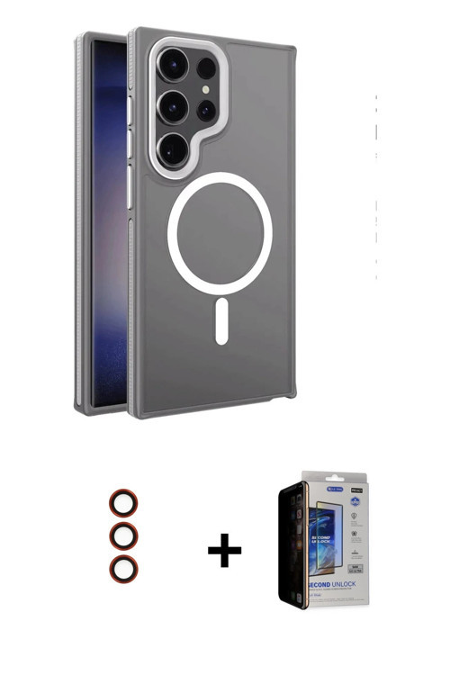 ieg™ Galaxy S23 Ultra Kılıf Yörünge Klasik - Siyah Durable Full Glue Curved Hayalet Cam + Kırmızı Me