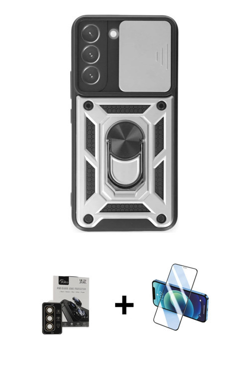 ieg™ Galaxy S24 Kılıf Ahenk Klasik - Siyah 3D Antistatik Cam Ekran Koruyucu + Gold PVD Metal Kamera