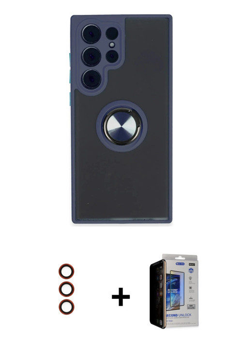 ieg™ Galaxy S23 Ultra Kılıf Yörünge Çizgi - Siyah Durable Full Glue Curved Hayalet Cam + Kırmızı Met
