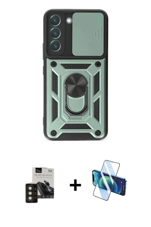 ieg™ Galaxy S24 Kılıf Ahenk Klasik - Siyah 3D Antistatik Cam Ekran Koruyucu + Gold PVD Metal Kamera