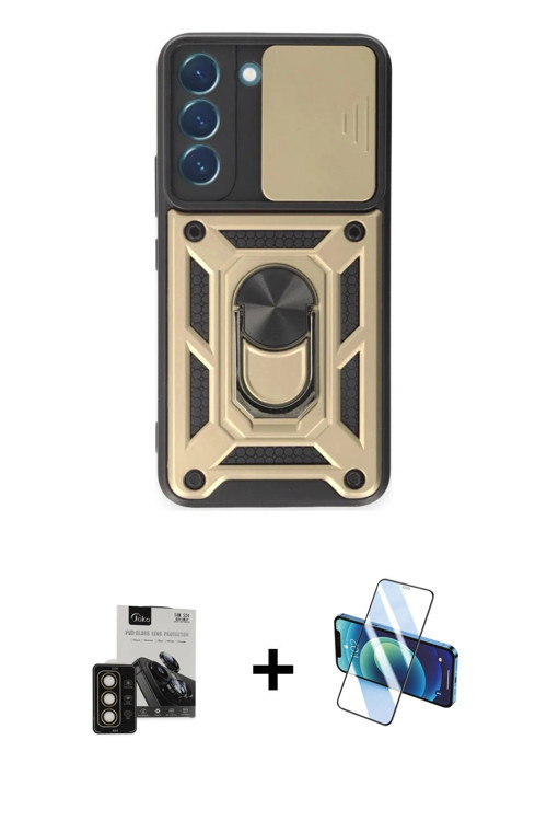 ieg™ Galaxy S24 Kılıf Ahenk Klasik - Siyah 3D Antistatik Cam Ekran Koruyucu + Gold PVD Metal Kamera