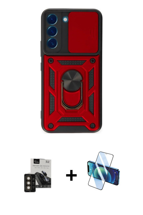 ieg™ Galaxy S24 Kılıf Ahenk Klasik - Siyah 3D Antistatik Cam Ekran Koruyucu + Gold PVD Metal Kamera