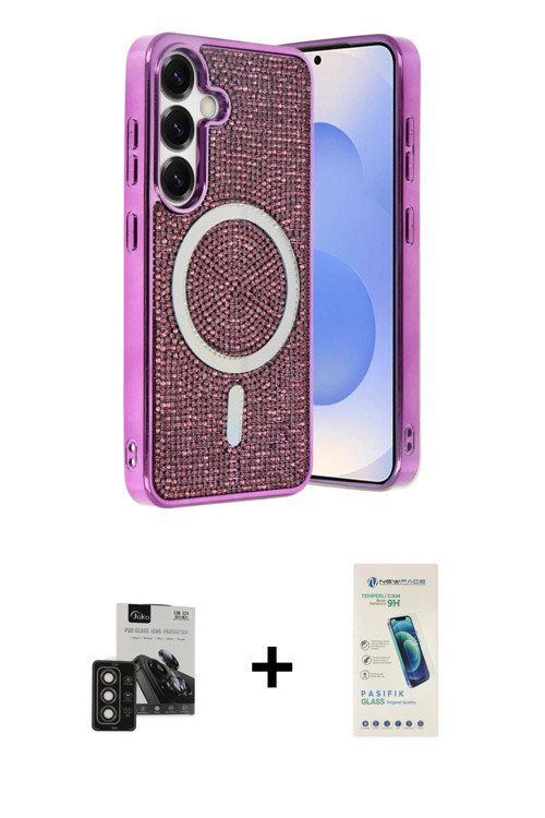 ieg™ Galaxy S24 Kılıf Eksen Çizgi - Şeffaf Pasifik Cam Ekran Koruyucu + Titan Gri PVD Metal Kamera L