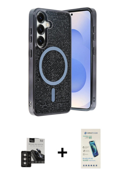 ieg™ Galaxy S24 Kılıf Eksen Çizgi - Şeffaf Pasifik Cam Ekran Koruyucu + Titan Gri PVD Metal Kamera L