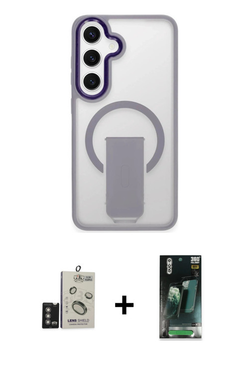 ieg™ Galaxy S24 Kılıf Pusula Doku Koleksiyonu - Siyah 360 Mat Full Body Arka Koruyucu + Derin Mor Bi