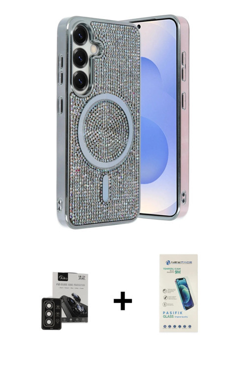 ieg™ Galaxy S24 Kılıf Eksen Çizgi - Şeffaf Pasifik Cam Ekran Koruyucu + Titan Gri PVD Metal Kamera L