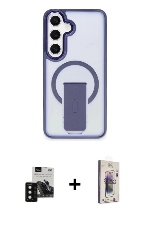 ieg™ Galaxy S24 Kılıf Pusula Doku Koleksiyonu - Siyah Bilvis 3D Cam Ekran Koruyucu + Siyah PVD Metal