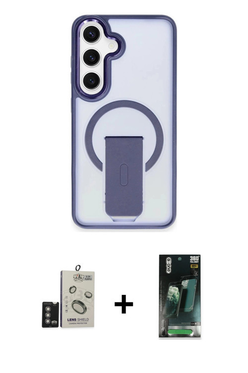 ieg™ Galaxy S24 Kılıf Pusula Doku Koleksiyonu - Siyah 360 Mat Full Body Arka Koruyucu + Derin Mor Bi