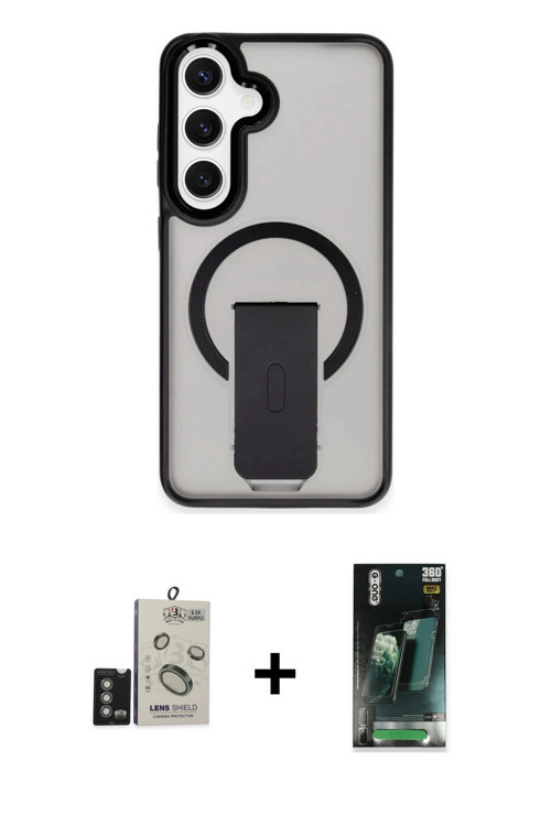 ieg™ Galaxy S24 Kılıf Pusula Doku Koleksiyonu - Siyah 360 Mat Full Body Arka Koruyucu + Derin Mor Bi