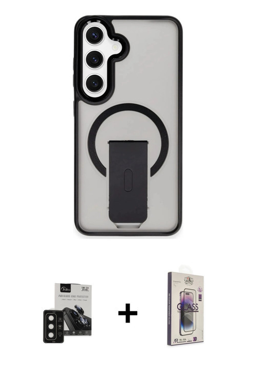 ieg™ Galaxy S24 Kılıf Pusula Doku Koleksiyonu - Siyah Bilvis 3D Cam Ekran Koruyucu + Siyah PVD Metal