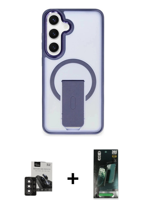 ieg™ Galaxy S24 Kılıf Pusula Doku Koleksiyonu - Şeffaf 360 Full Body Arka Koruyucu + Derin Mor PVD M