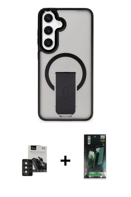 ieg™ Galaxy S24 Kılıf Pusula Doku Koleksiyonu - Şeffaf 360 Full Body Arka Koruyucu + Derin Mor PVD M
