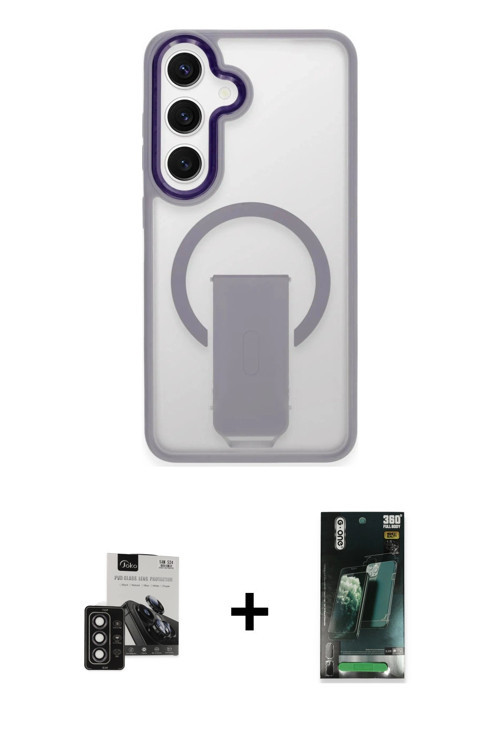 ieg™ Galaxy S24 Kılıf Pusula Doku Koleksiyonu - Şeffaf 360 Full Body Arka Koruyucu + Derin Mor PVD M