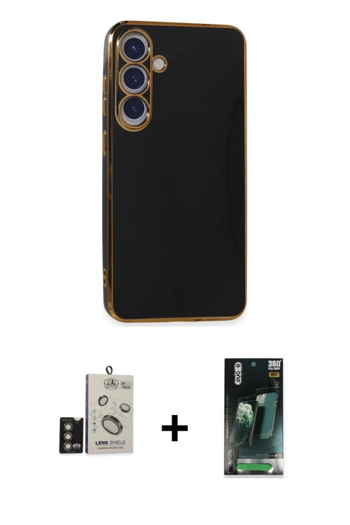 ieg™ Galaxy S24 Kılıf Yankı Serisi - Siyah 360 Mat Full Body Arka Koruyucu + Gold Bilvis Titan Kamer