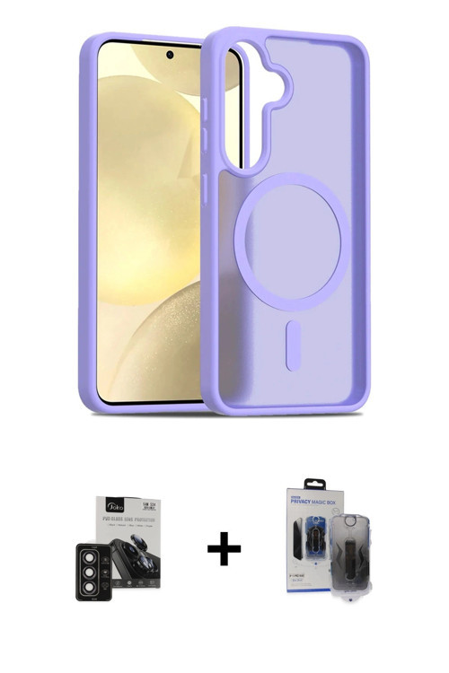 ieg™ Galaxy S24 Kılıf Siluet Minimal Prime - Siyah Vanessa Magic Hayalet Cam + Derin Mor PVD Metal K