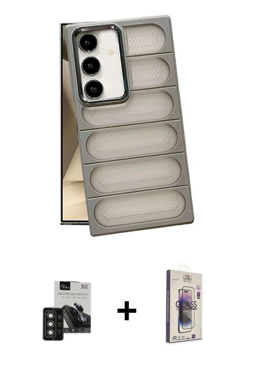 ieg™ Galaxy S24 Kılıf Yadigar Doku Özel Seri - Siyah Bilvis 3D Cam Ekran Koruyucu + Titan Gri PVD Me