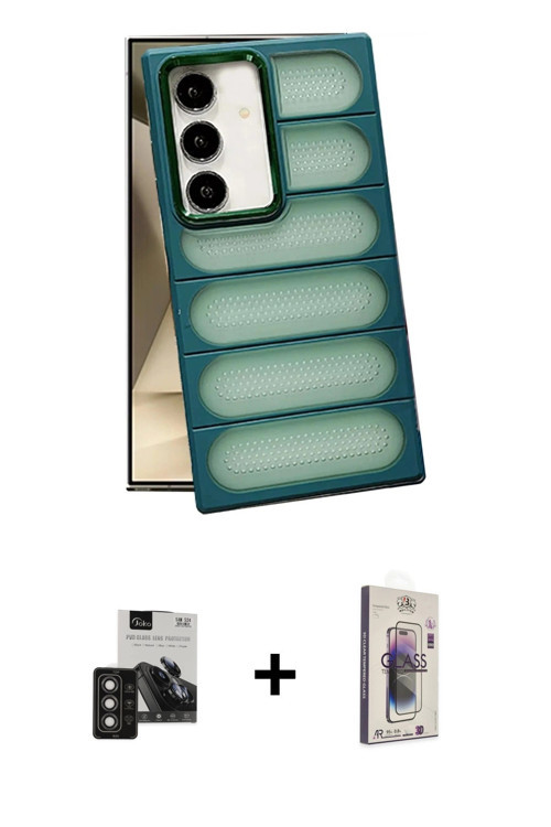 ieg™ Galaxy S24 Kılıf Yadigar Doku Özel Seri - Siyah Bilvis 3D Cam Ekran Koruyucu + Titan Gri PVD Me