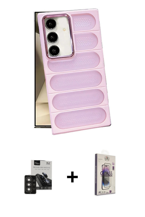 ieg™ Galaxy S24 Kılıf Yadigar Doku Özel Seri - Siyah Bilvis 3D Cam Ekran Koruyucu + Titan Gri PVD Me
