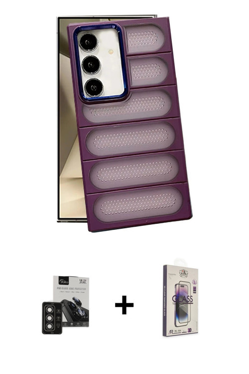 ieg™ Galaxy S24 Kılıf Yadigar Doku Özel Seri - Siyah Bilvis 3D Cam Ekran Koruyucu + Titan Gri PVD Me