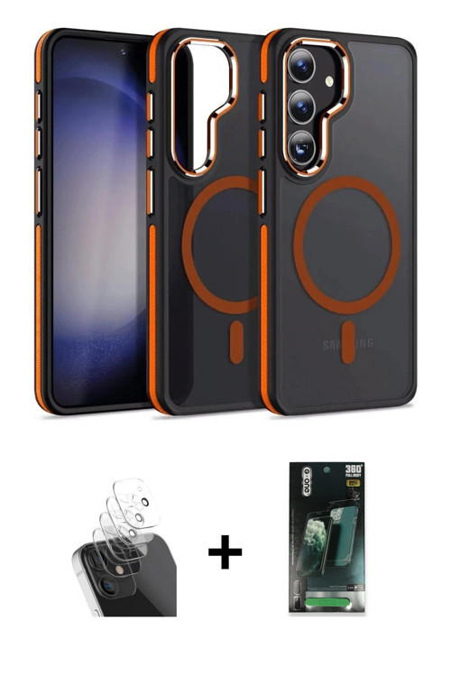 ieg™ Galaxy S24 Kılıf Yörünge Klasik - Siyah 360 Mat Full Body Arka Koruyucu + Şeffaf Kamera Lens Ko