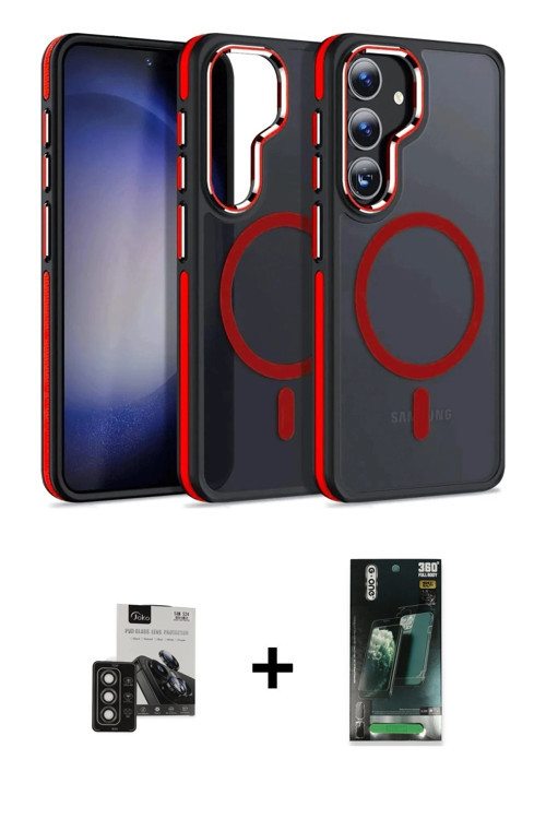 ieg™ Galaxy S24 Kılıf Yörünge Klasik - Siyah 360 Mat Full Body Arka Koruyucu + Titan Gri PVD Metal K