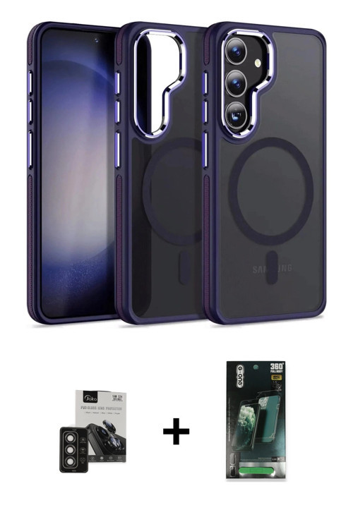 ieg™ Galaxy S24 Kılıf Yörünge Klasik - Siyah 360 Mat Full Body Arka Koruyucu + Titan Gri PVD Metal K