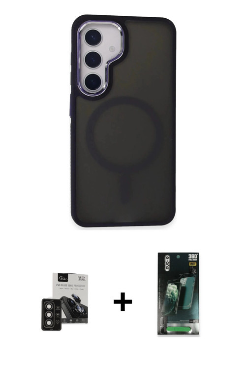 ieg™ Galaxy S24 Kılıf Yörünge Klasik - Siyah 360 Mat Full Body Arka Koruyucu + Titan Gri PVD Metal K