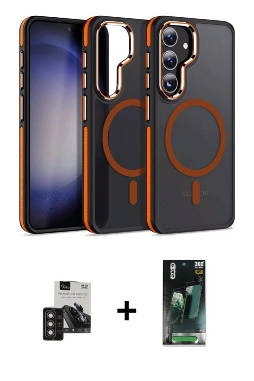 ieg™ Galaxy S24 Kılıf Yörünge Klasik - Siyah 360 Mat Full Body Arka Koruyucu + Titan Gri PVD Metal K