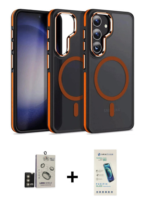 ieg™ Galaxy S24 Kılıf Yörünge Klasik - Şeffaf Pasifik Cam Ekran Koruyucu + Gold Bilvis Titan Kamera