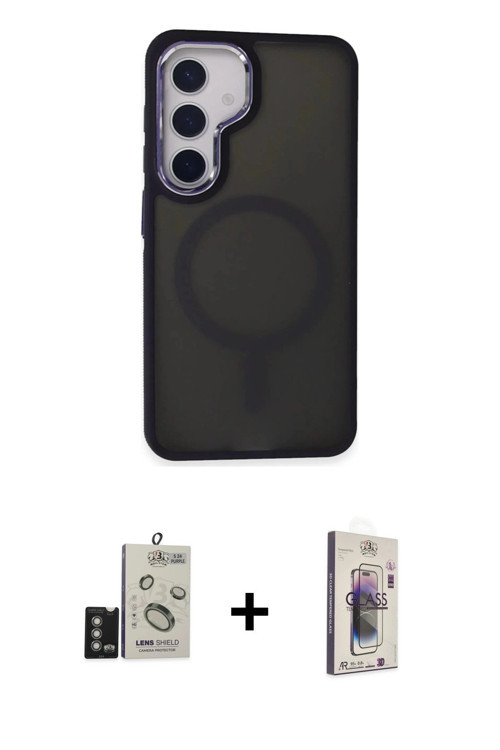 ieg™ Galaxy S24 Kılıf Yörünge Klasik - Siyah Bilvis 3D Cam Ekran Koruyucu + Derin Mor Bilvis Titan K