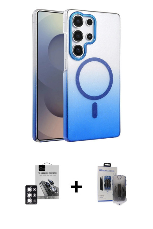 ieg™ Galaxy S24 Ultra Kılıf Ahenk Doku Özel Seri - Siyah Vanessa Magic Hayalet Cam + Pembe PVD Metal