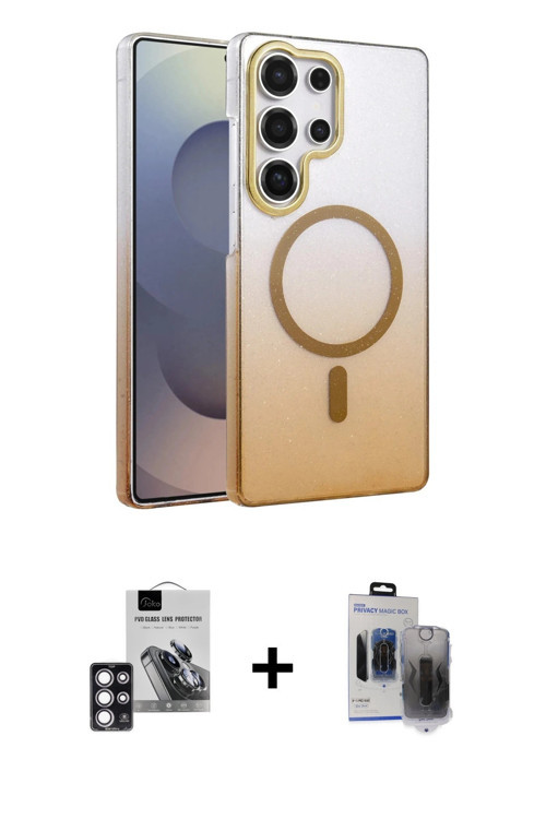 ieg™ Galaxy S24 Ultra Kılıf Ahenk Doku Özel Seri - Siyah Vanessa Magic Hayalet Cam + Pembe PVD Metal