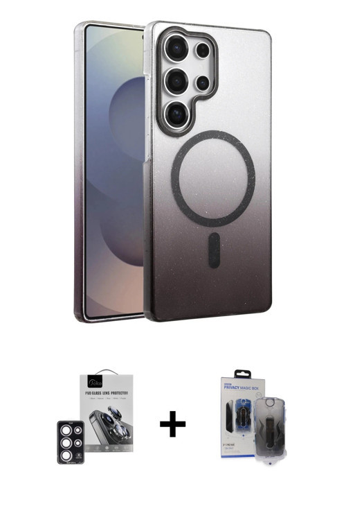 ieg™ Galaxy S24 Ultra Kılıf Ahenk Doku Özel Seri - Siyah Vanessa Magic Hayalet Cam + Pembe PVD Metal