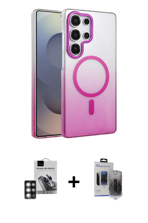 ieg™ Galaxy S24 Ultra Kılıf Ahenk Doku Özel Seri - Siyah Vanessa Magic Hayalet Cam + Pembe PVD Metal