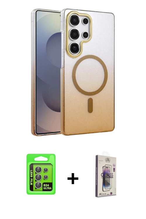 ieg™ Galaxy S24 Ultra Kılıf Ahenk Doku Özel Seri - Siyah Bilvis 3D Cam Ekran Koruyucu + Gri Raze Met