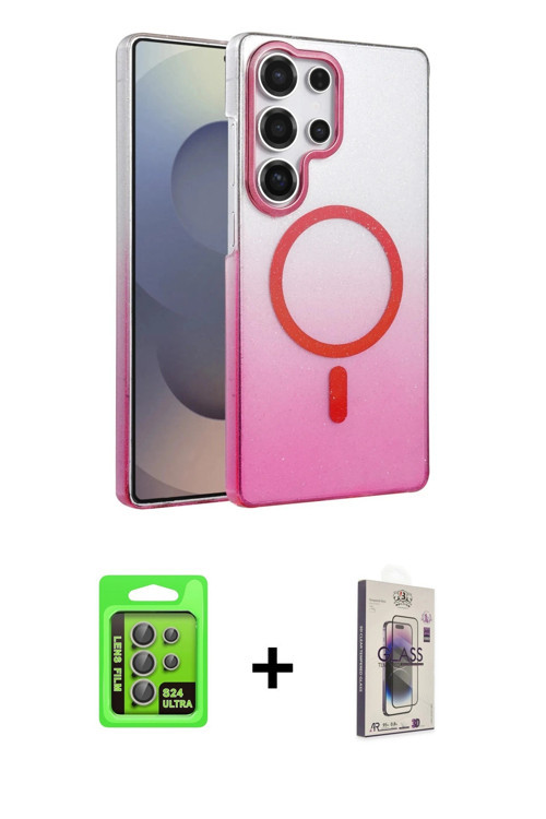 ieg™ Galaxy S24 Ultra Kılıf Ahenk Doku Özel Seri - Siyah Bilvis 3D Cam Ekran Koruyucu + Gri Raze Met