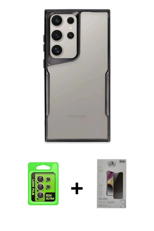 ieg™ Galaxy S24 Ultra Kılıf Akış Çizgi Koleksiyonu - Siyah Bilvis Hayalet Cam Ekran Koruyucu + Sarı