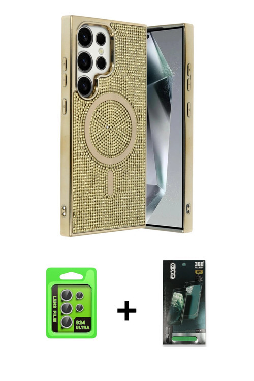 ieg™ Galaxy S24 Ultra Kılıf Eksen Çizgi - Şeffaf 360 Full Body Arka Koruyucu + Gümüş Raze Metal Kame